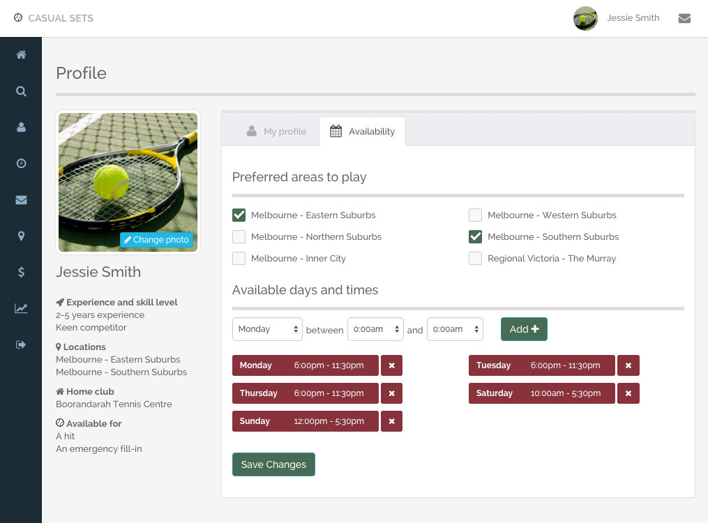 Update your own tennis profile and availability